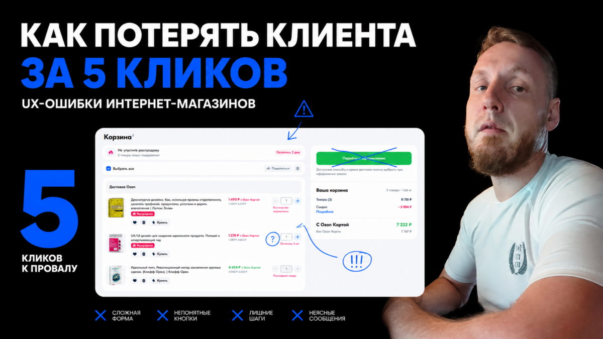 Обложка видео о UX-ошибках интернет-магазинов: разбор корзины Ozon с аннотациями проблемных элементов (сложная форма, непонятные кнопки, лишние шаги, неясные сообщения), автор — продуктовый дизайнер Александр Мансуров