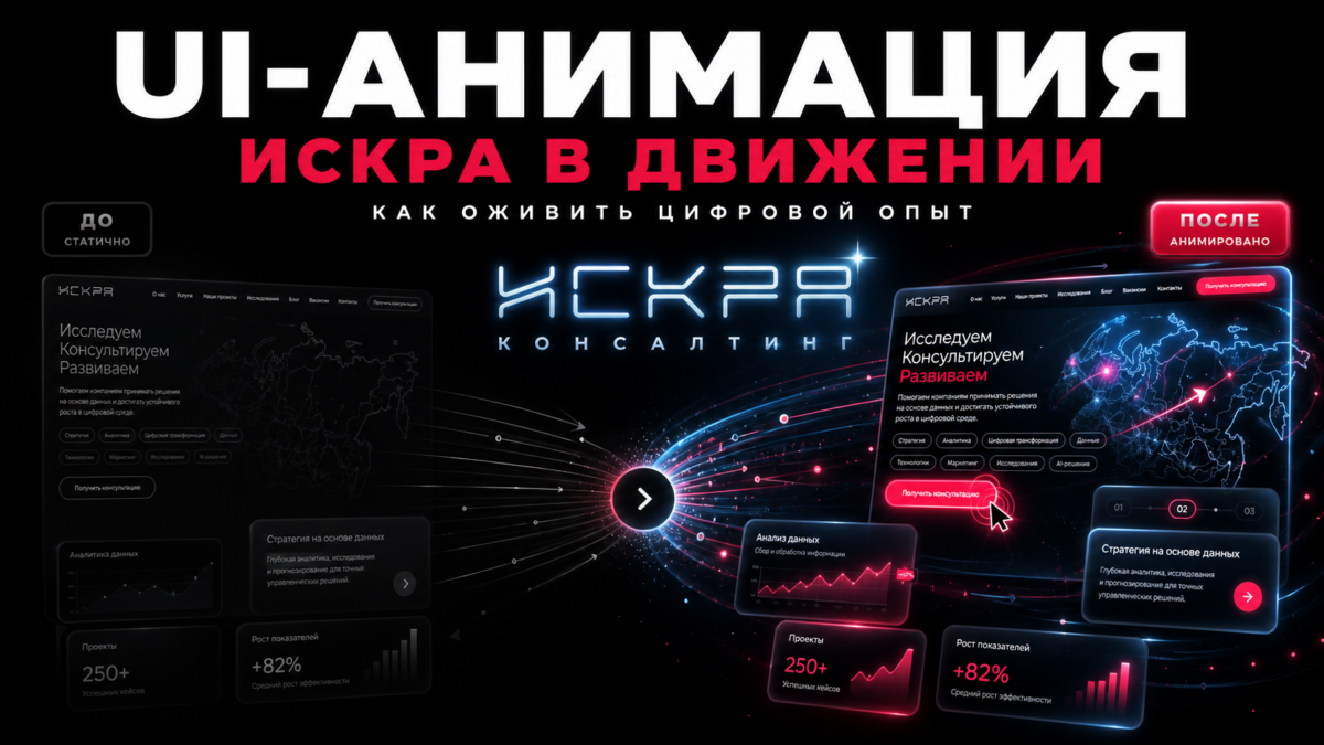 Обложка кейса UI-анимации для сайта консалтинговой компании Искра: сравнение статичной и анимированной версии первого экрана с неоновыми эффектами, интерактивным глобусом и микроанимациями кнопок, проект продуктового дизайнера Александра Мансурова